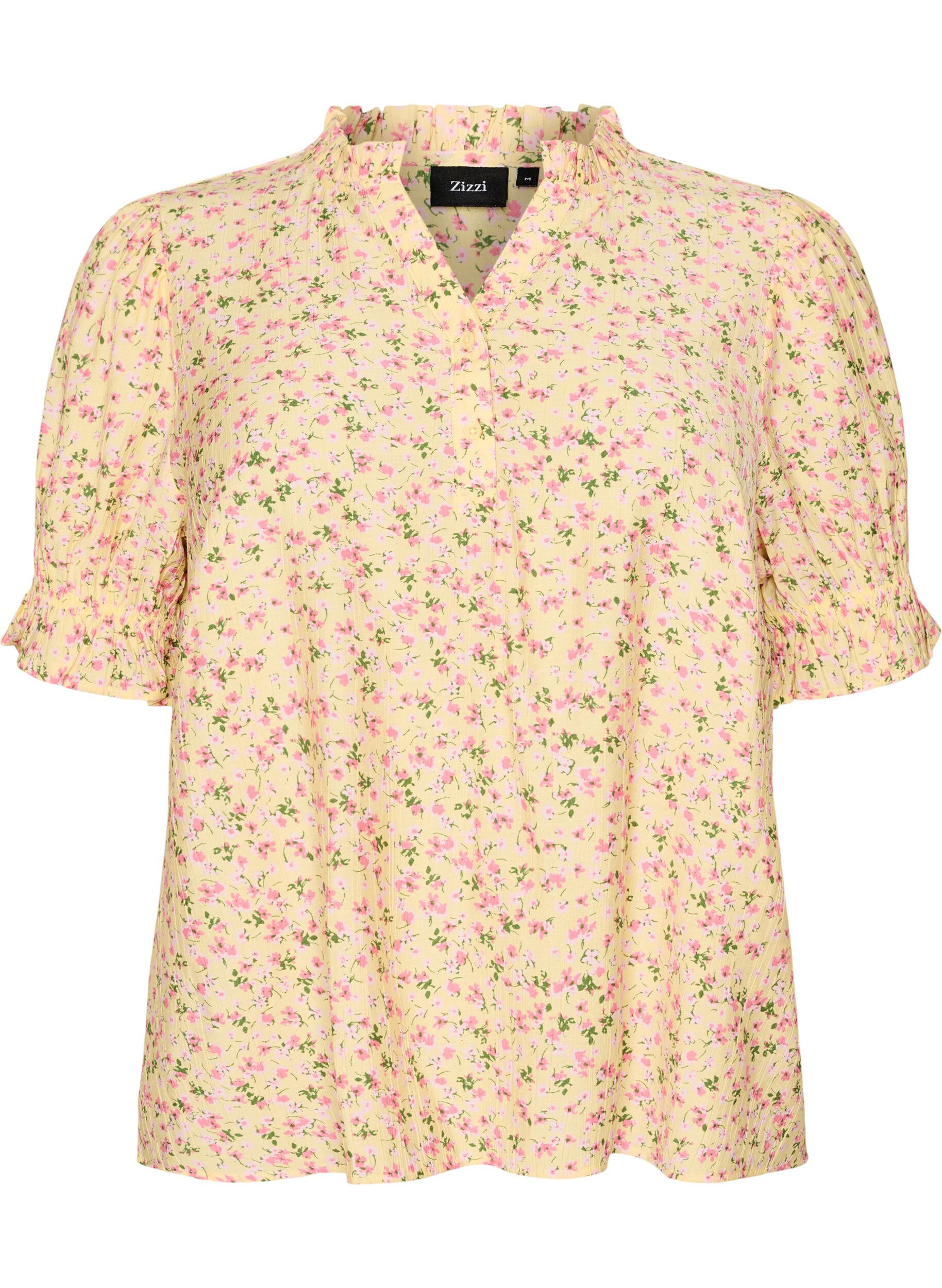 Blouse fleurie en viscose &agrave; manches courtes et col &agrave; volants
