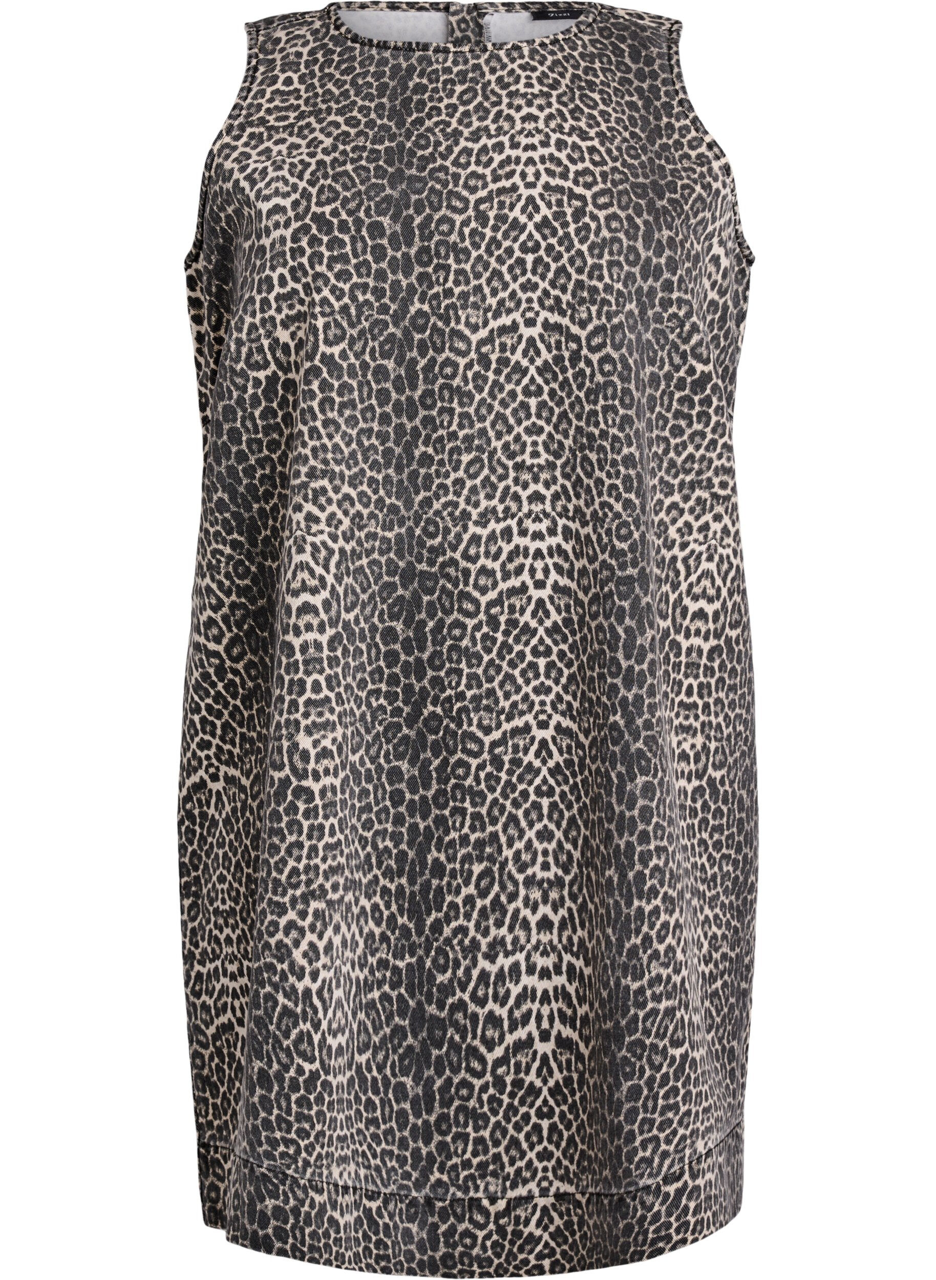 Korte mouwloze denim jurk met luipaardprint