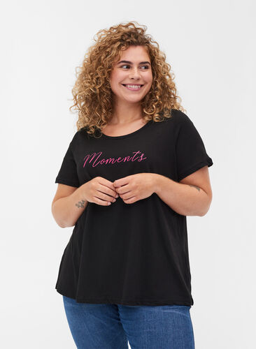 Katoenen t-shirt met a-lijn en print, Black, Model image number 0
