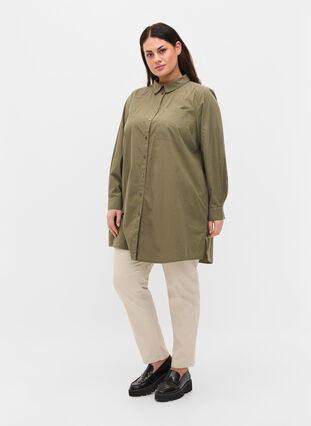 Lang katoenen blouse met kraag en knoopsluiting, Dusty Olive, Model image number 2