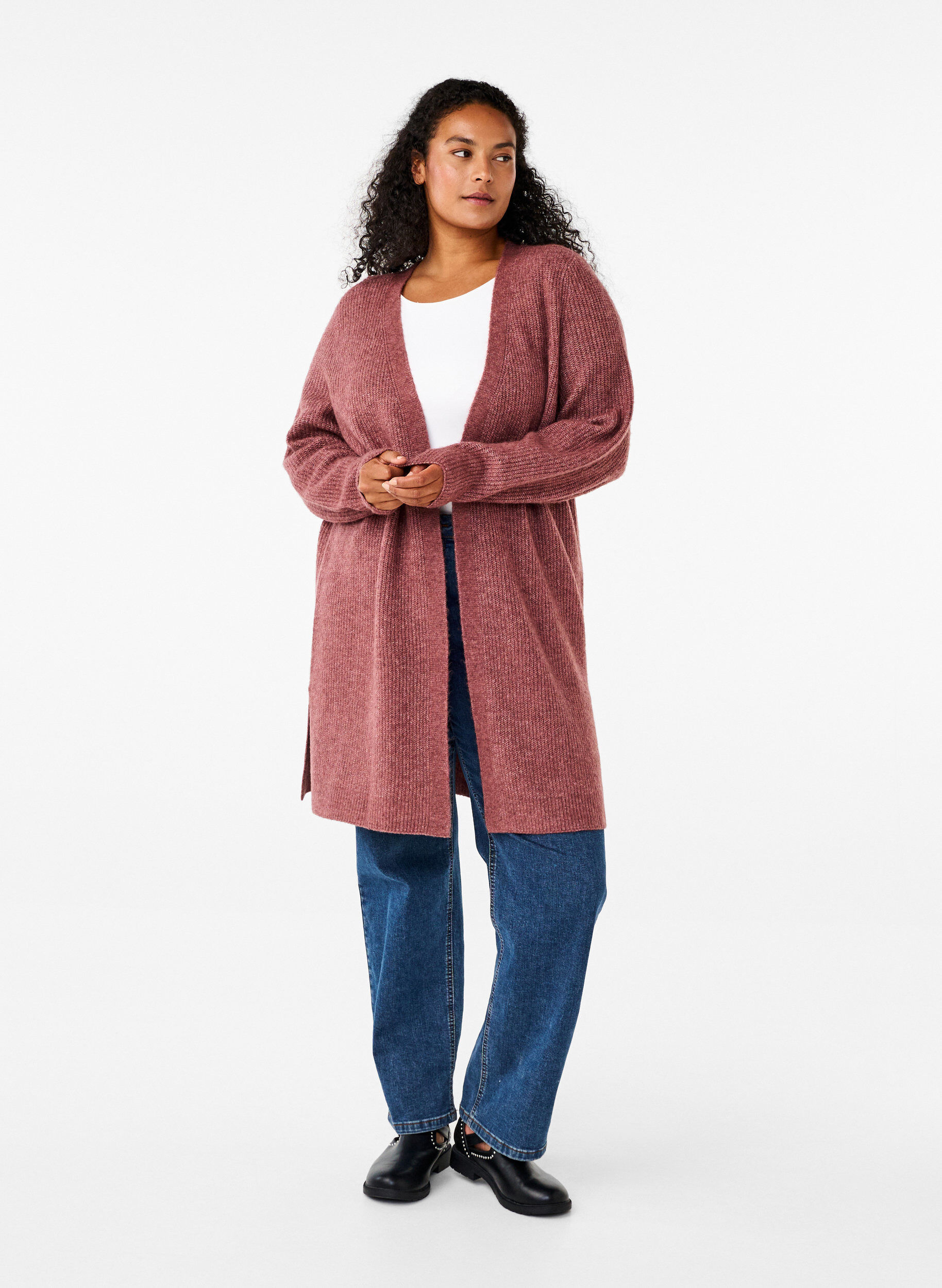 ZizziFLASH - Geribde cardigan met splitten, Rose Brown Melange, Model image number 2