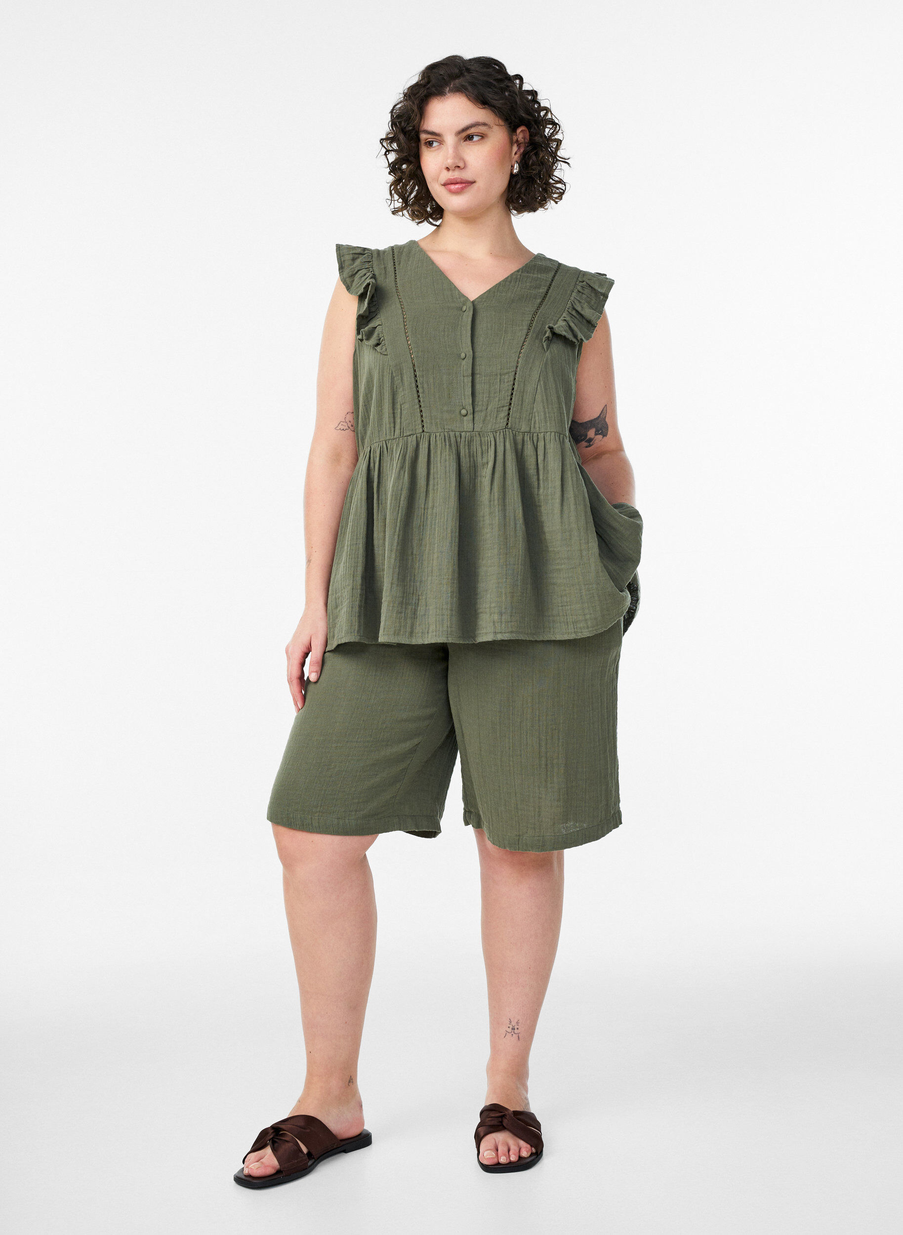 ZizziShort ample en mousseline de coton taille haute, Vert, Model image number 1