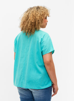 Katoenen blouse met korte mouwen van katoenmix met linnen, Turquoise, Model image number 1