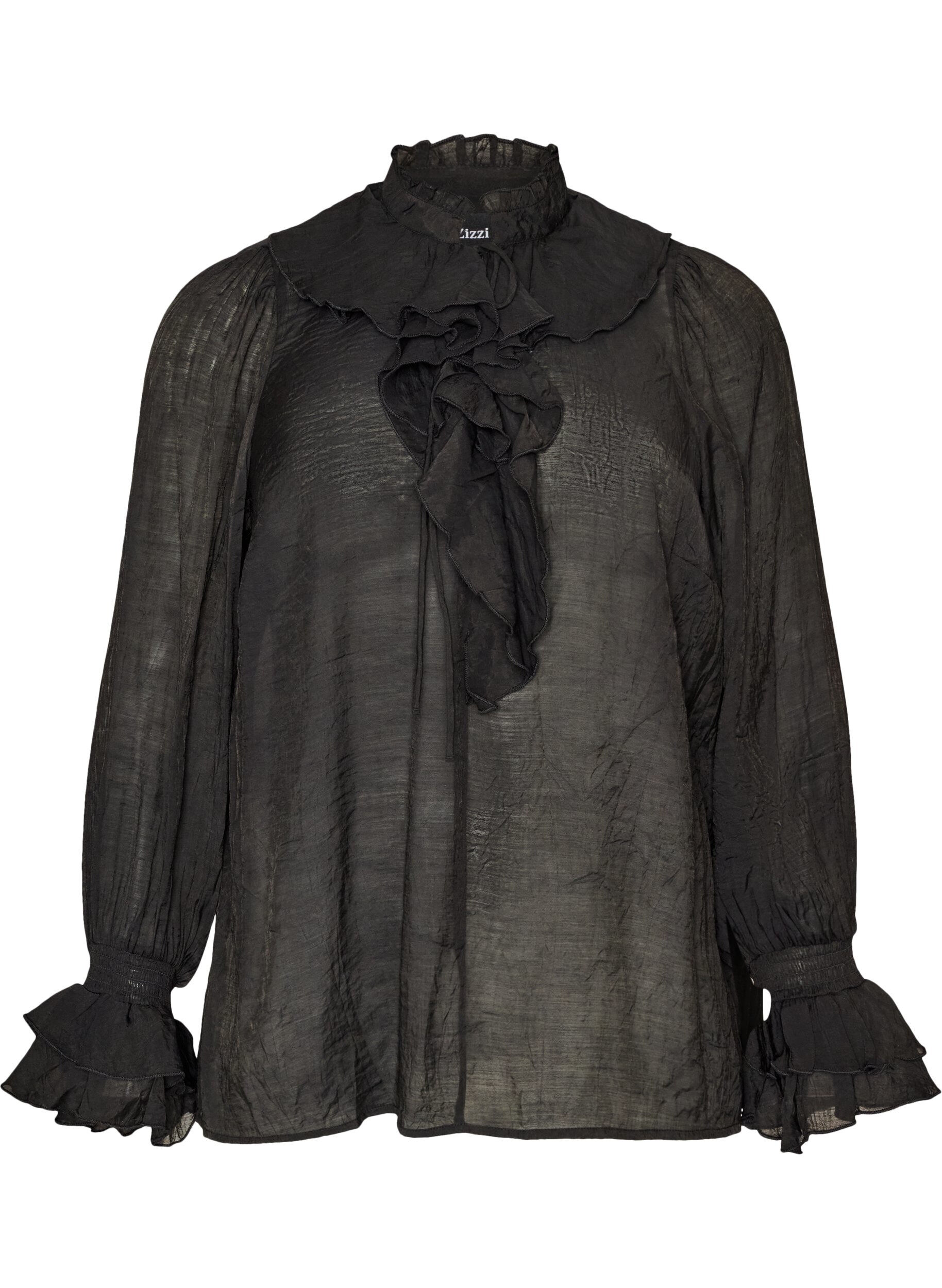ZizziBlouse en viscose avec volants et manches longues, Noir, Packshot image number 0