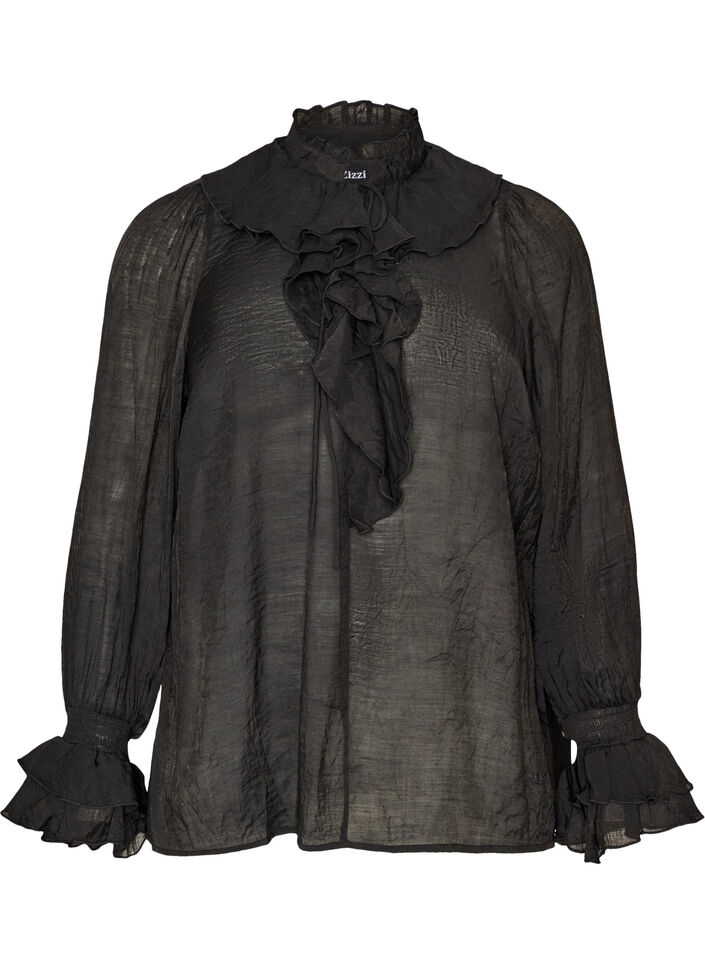Blouse en viscose avec volants et manches longues, Noir, Packshot image number 0
