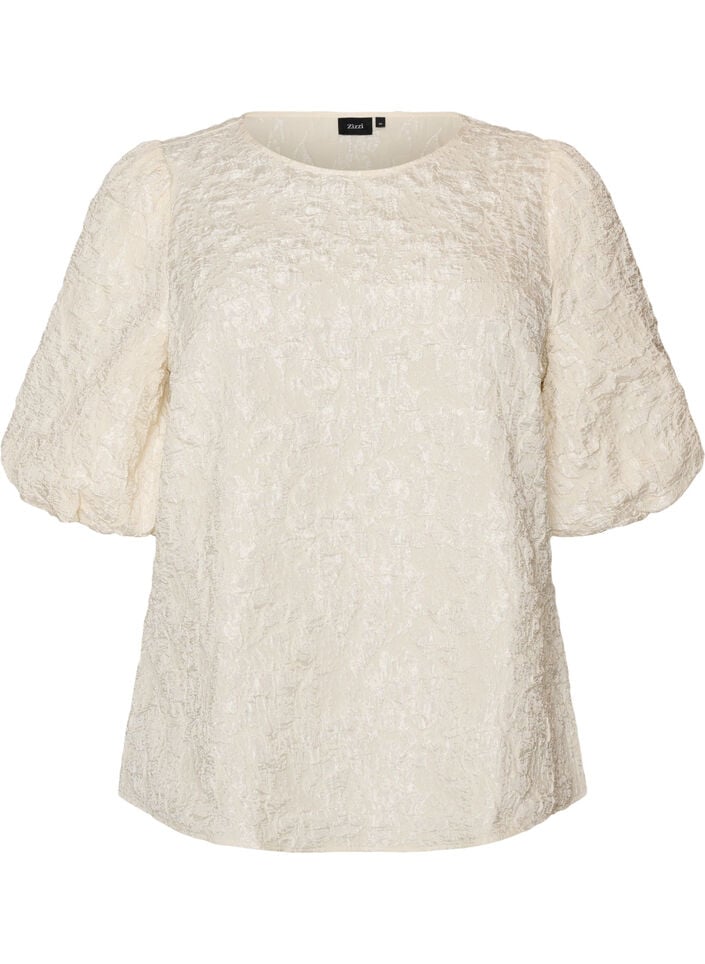 Jacquard blouse met pofmouwen en A-lijnvorm, Vanille, Packshot image number 0