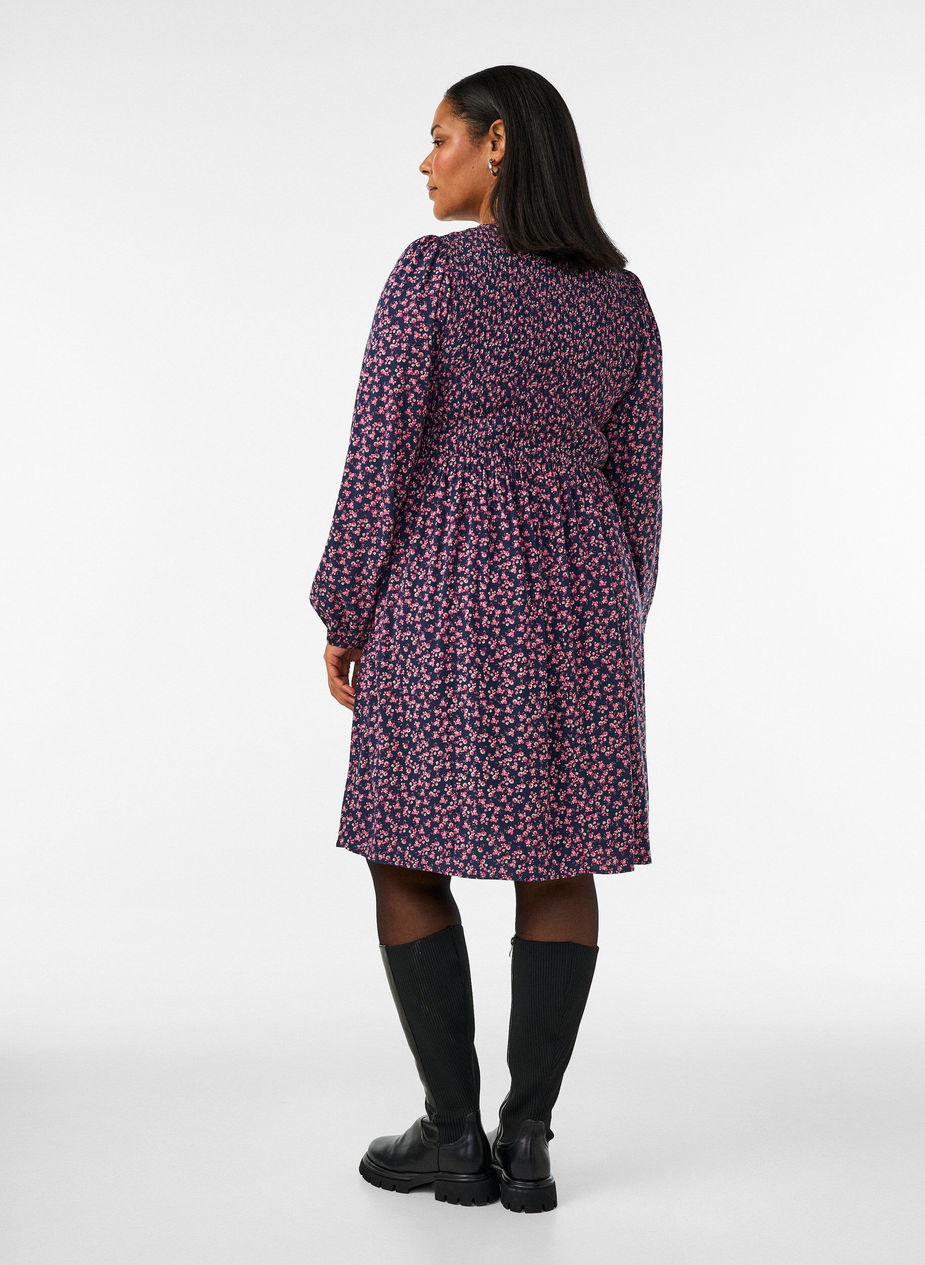 ZizziJurk met een gesmokte top en fijn bloemetjespatroon, Blauw, Model image number 2