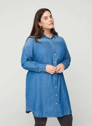 Lange denim blouse in katoen, Blue denim, Model image number 0