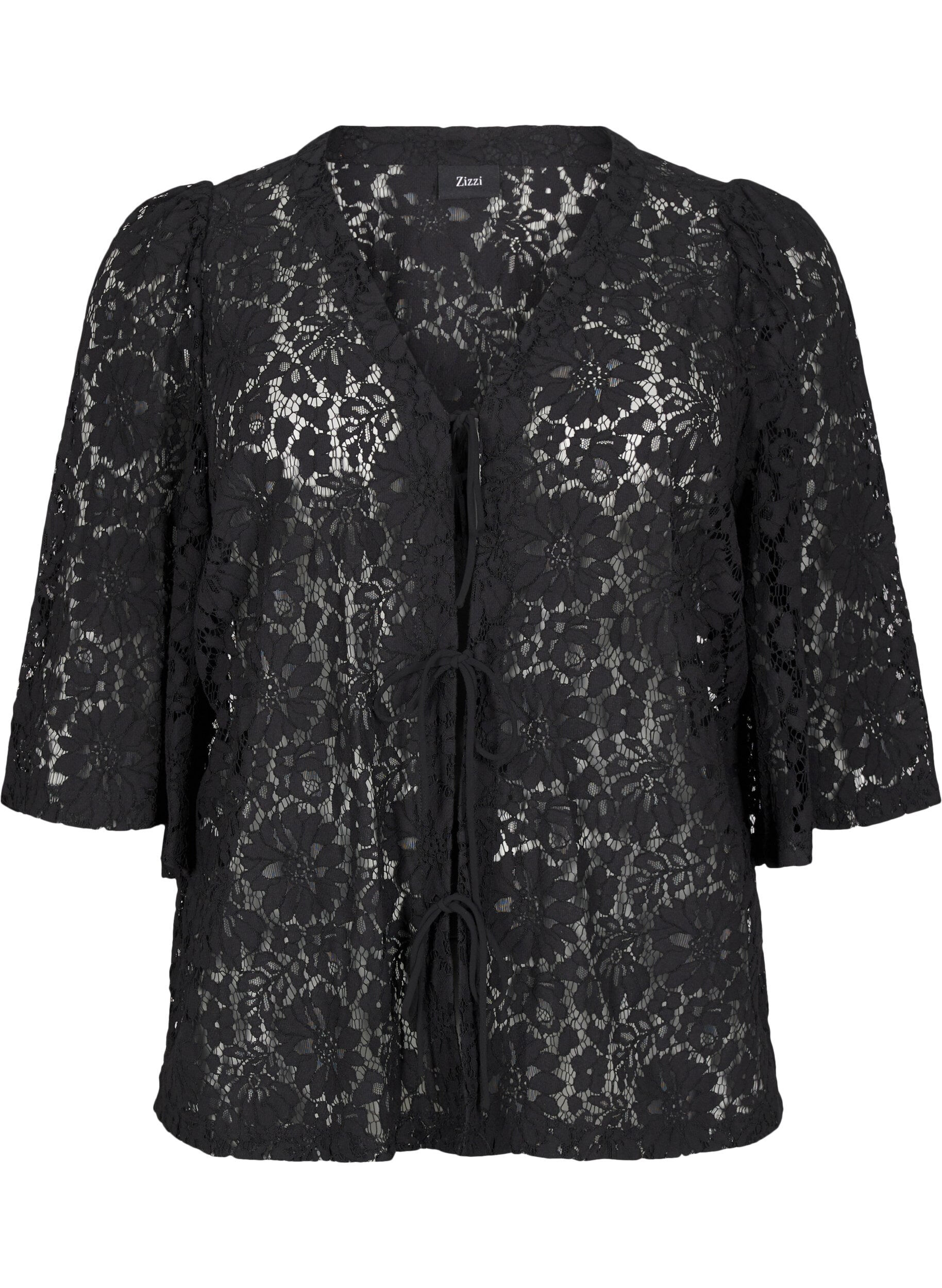 ZizziKanten blouse met 3/4 mouwen en strikjes aan de voorkant, Zwart, Packshot image number 0
