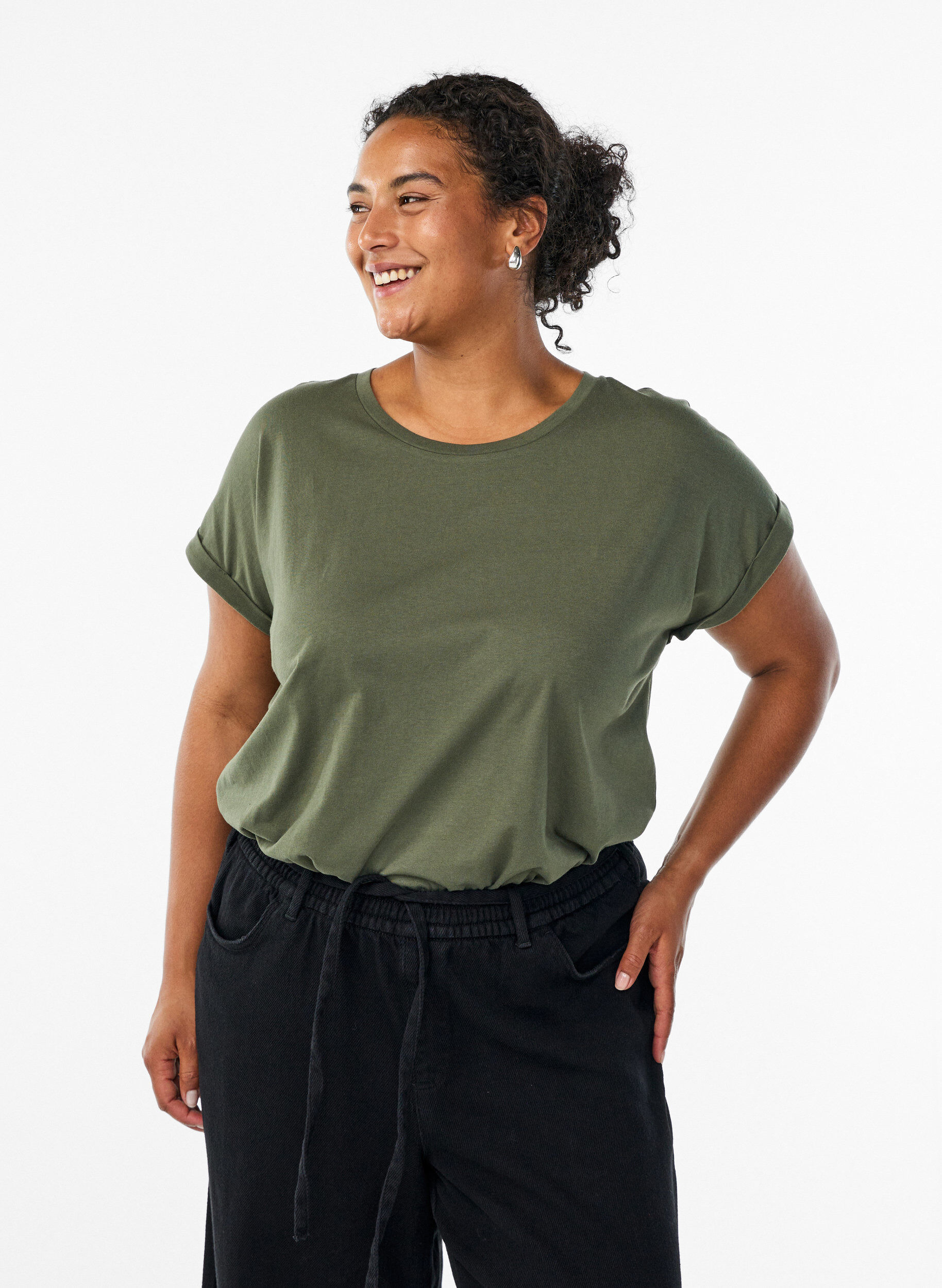 T-shirt met korte mouwen van katoenmix, Groen, Model