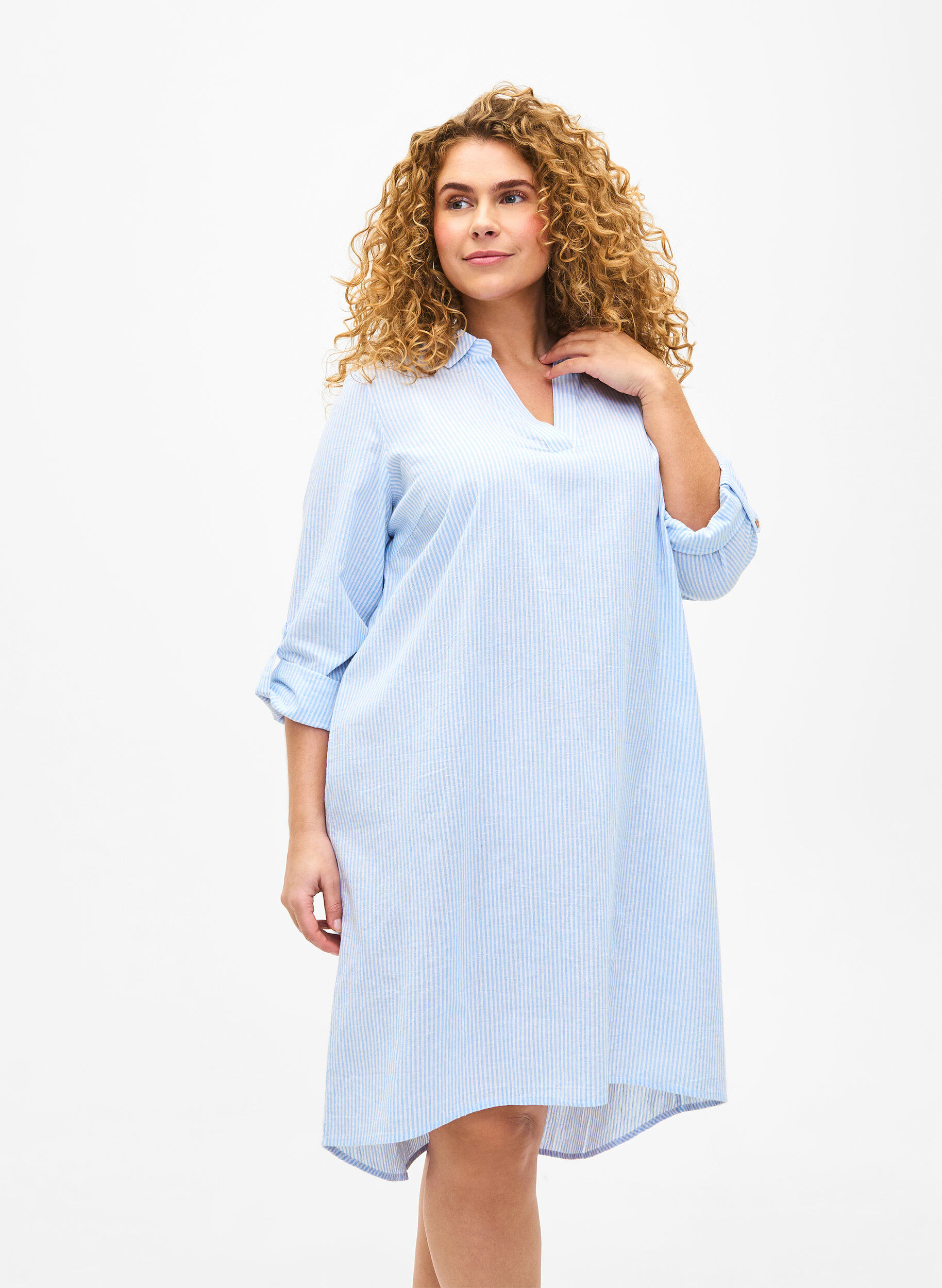 Zizzi Robe ray&eacute;e en coton et lin, Serenity Wh. Stripe, Model image number 0