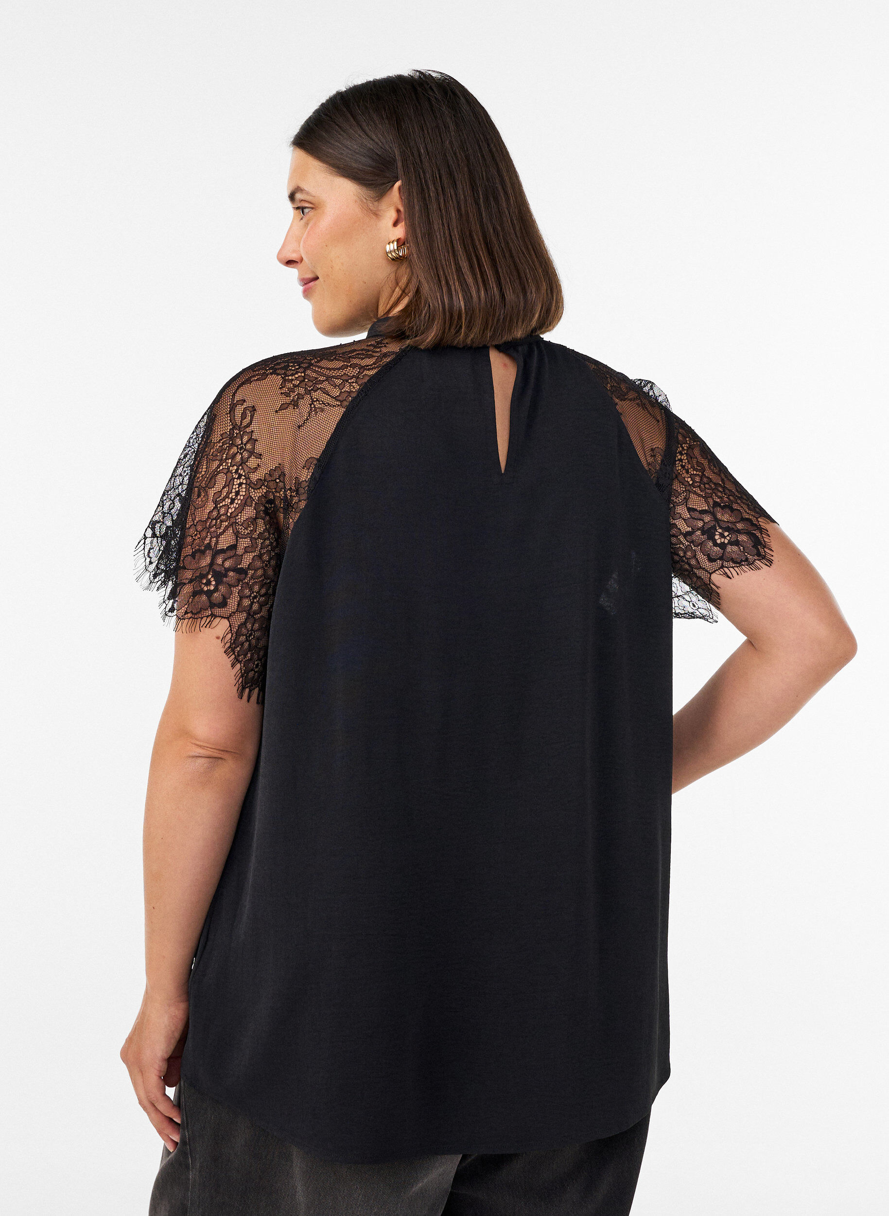 ZizziBlouse met korte kanten mouwen en hoge hals, Zwart, Model image number 2