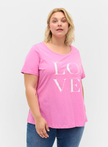 T-shirt en coton à manches courtes avec imprimé, Cyclamen LOVE, Model image number 0