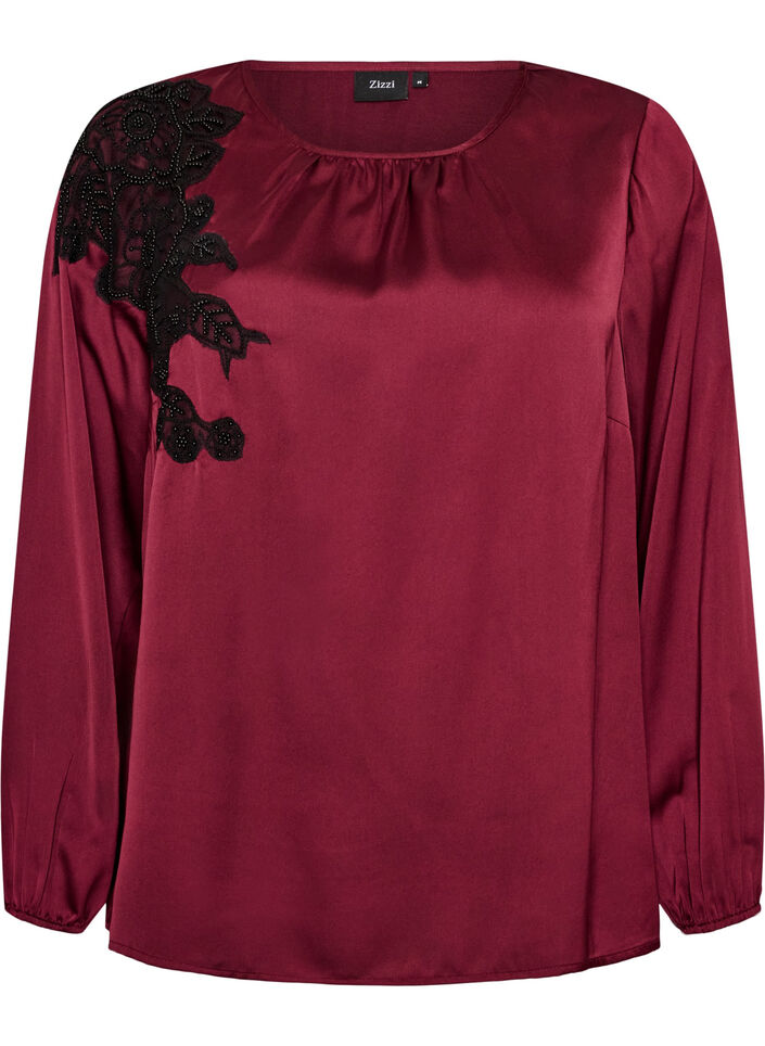 Blouse en satin avec appliqu&eacute; en dentelle et perles, Bordeaux, Packshot image number 0