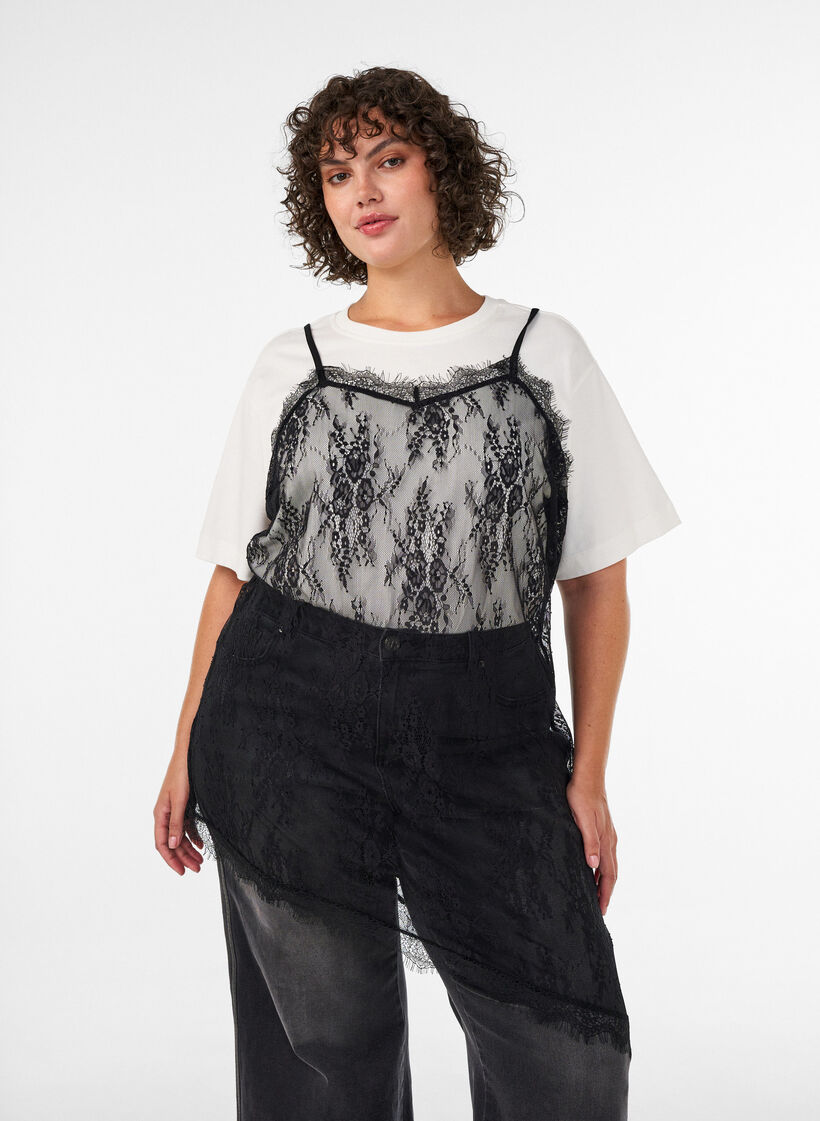 Kanten jurk met asymmetrische snit, Zwart, Model image number 0