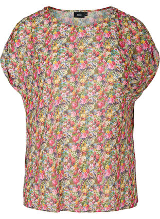 Blouse à manches courtes avec imprimé floral, Pink Flower AOP, Packshot image number 0