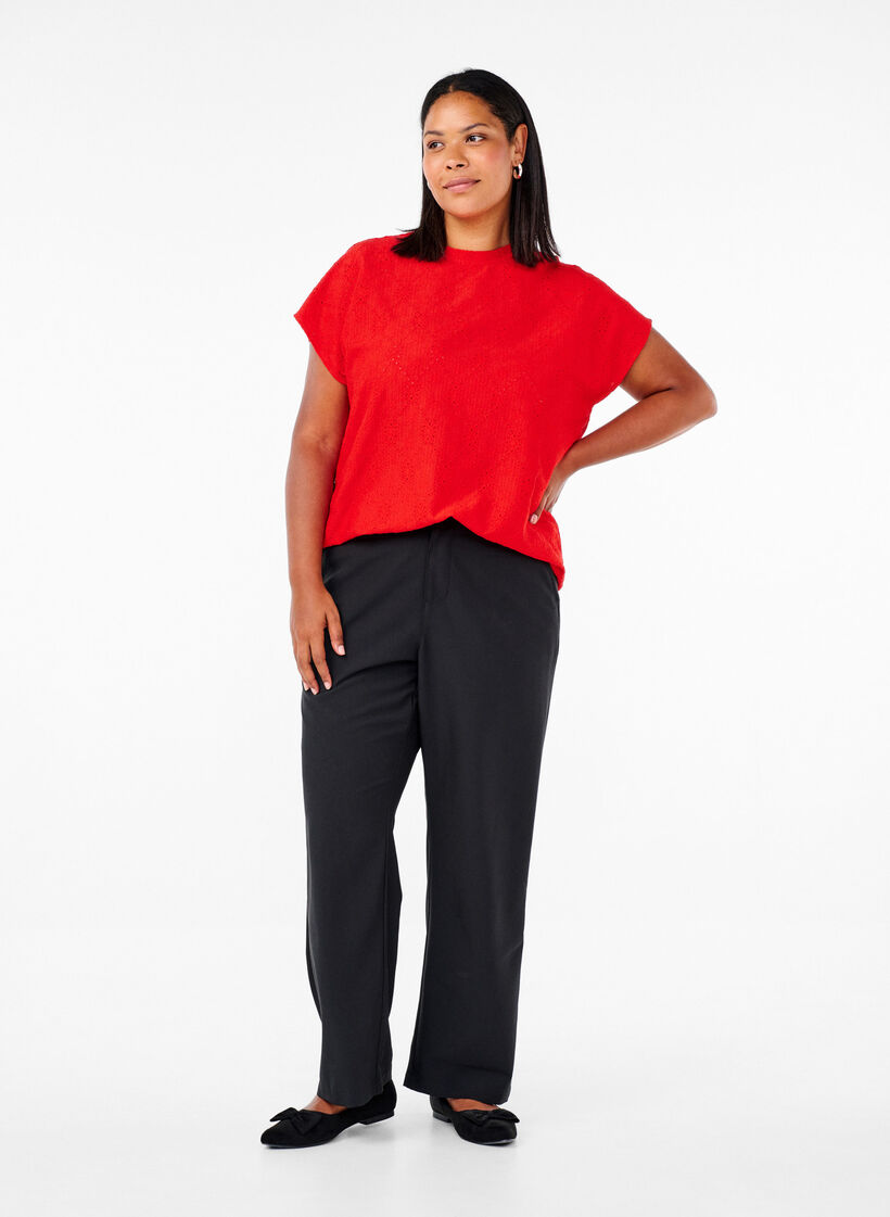 Blouse met korte mouwen en bloemenborduursel, Flame Scarlet, Model image number 2