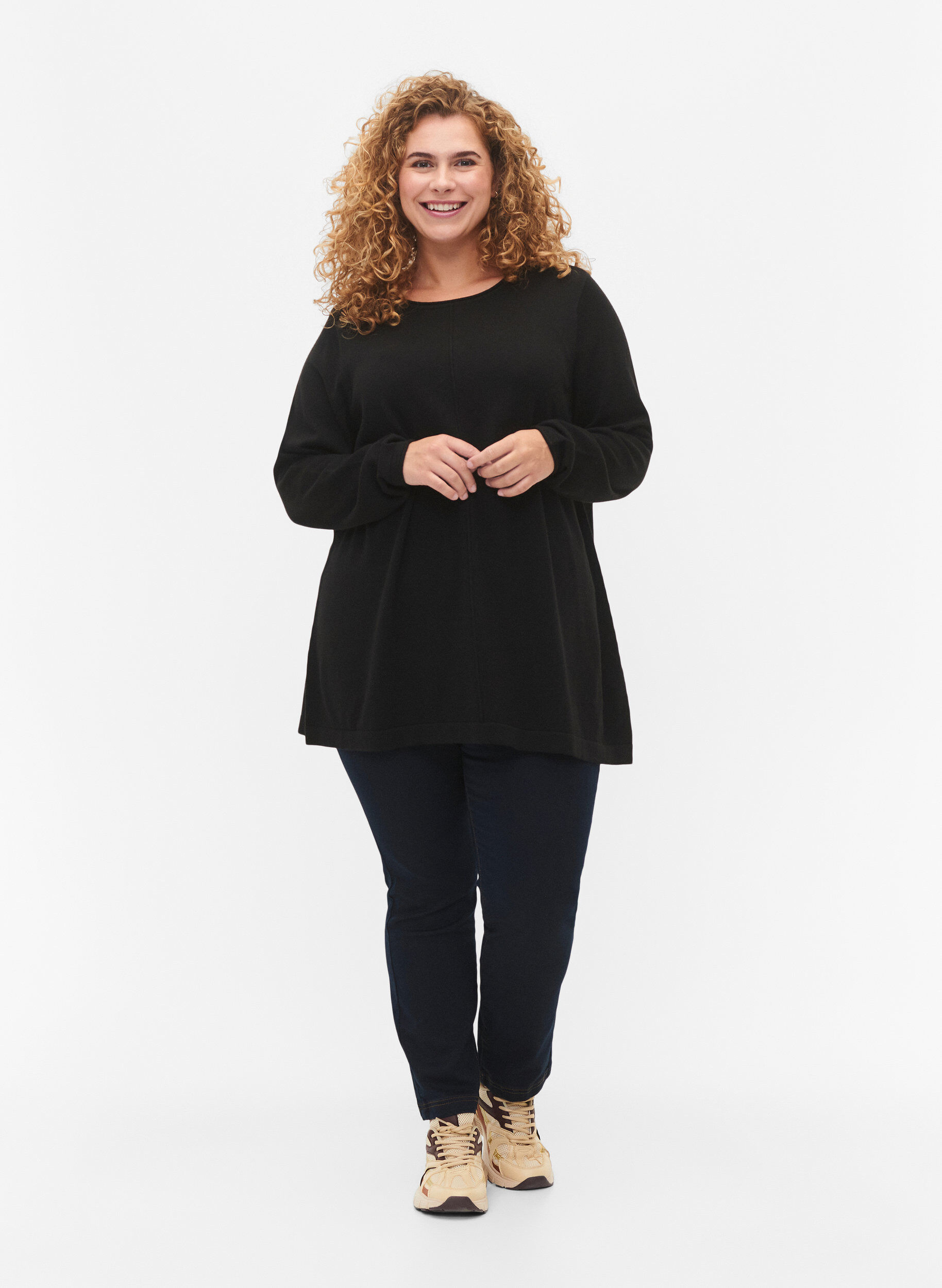 ZizziBlouse tricot&eacute;e en m&eacute;lange coton-viscose, Noir, Model image number 1