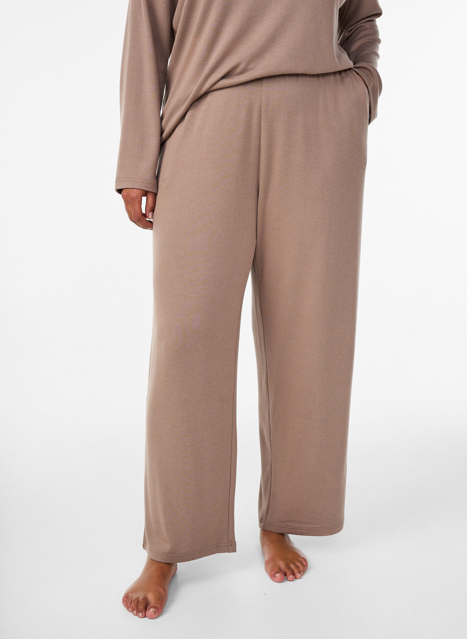 Zizzi Pantalon taille haute coupe droite en jersey, Marron, Model image number 2