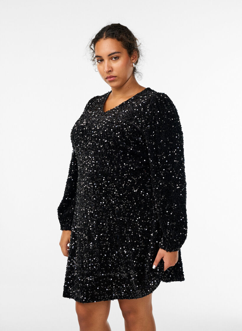 Robe courte &eacute;vas&eacute;e &agrave; sequins, Noir, Model image number 1