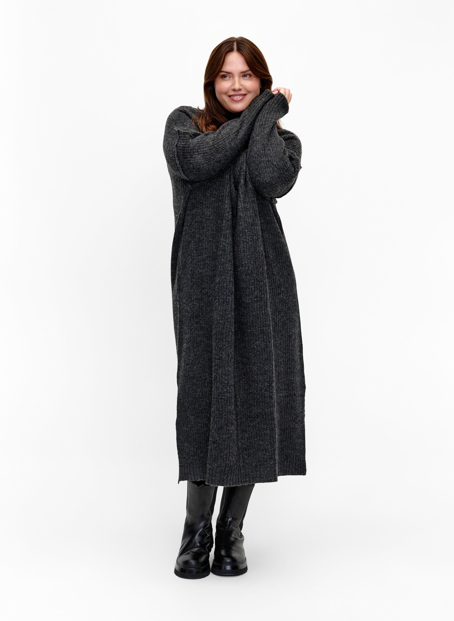 Lange oversized gebreide jurk met split, Grijs, Model