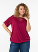 Blouse avec empi&egrave;cement en dentelle et manches ballon, Rouge, Model image number 0