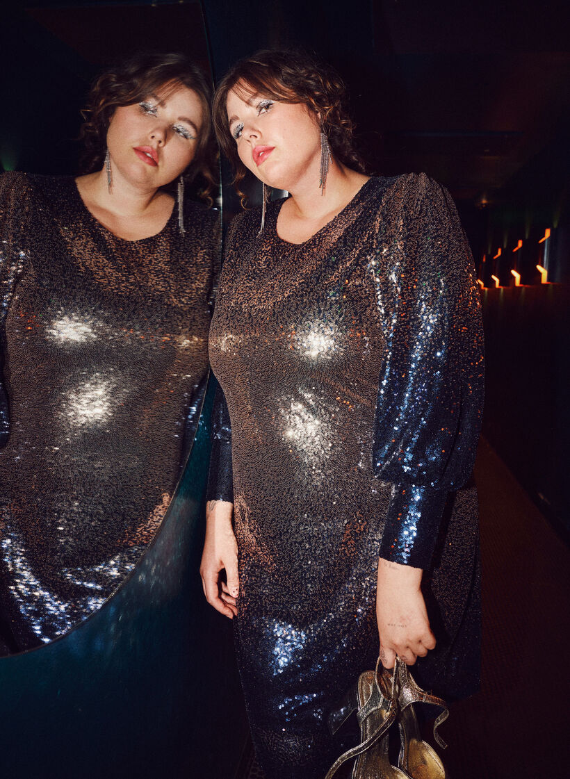 Paillettenjurk met ballonmouwen, Evening Blue Cobber, Image image number 0