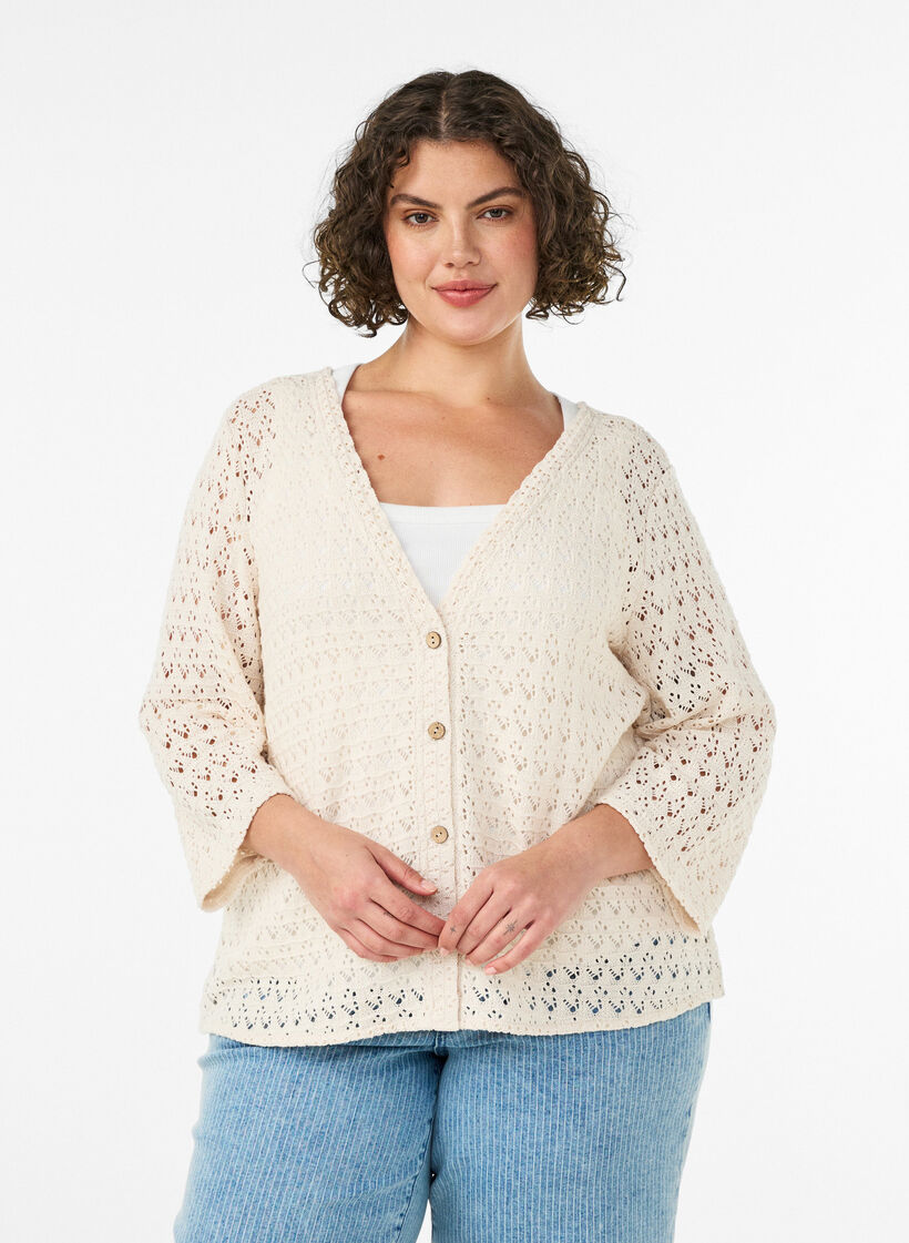 Gebreid vest met open broderie en V-hals, Beige, Model image number 0