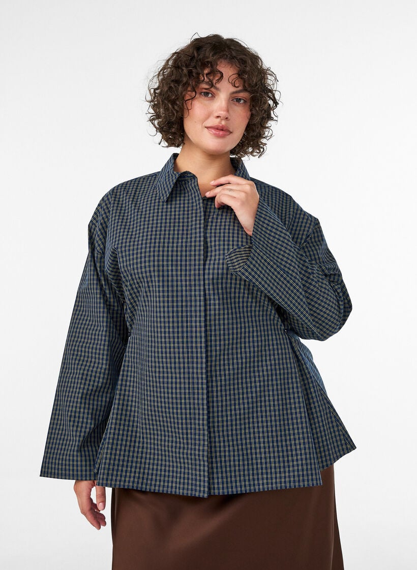 Chemise en coton &agrave; carreaux avec boutonnage dissimul&eacute;, Bleu, Model image number 0