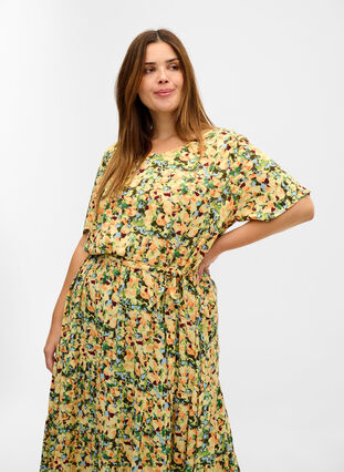 Robe midi manches courtes en viscose, Yellow Summer AOP, Model image number 1