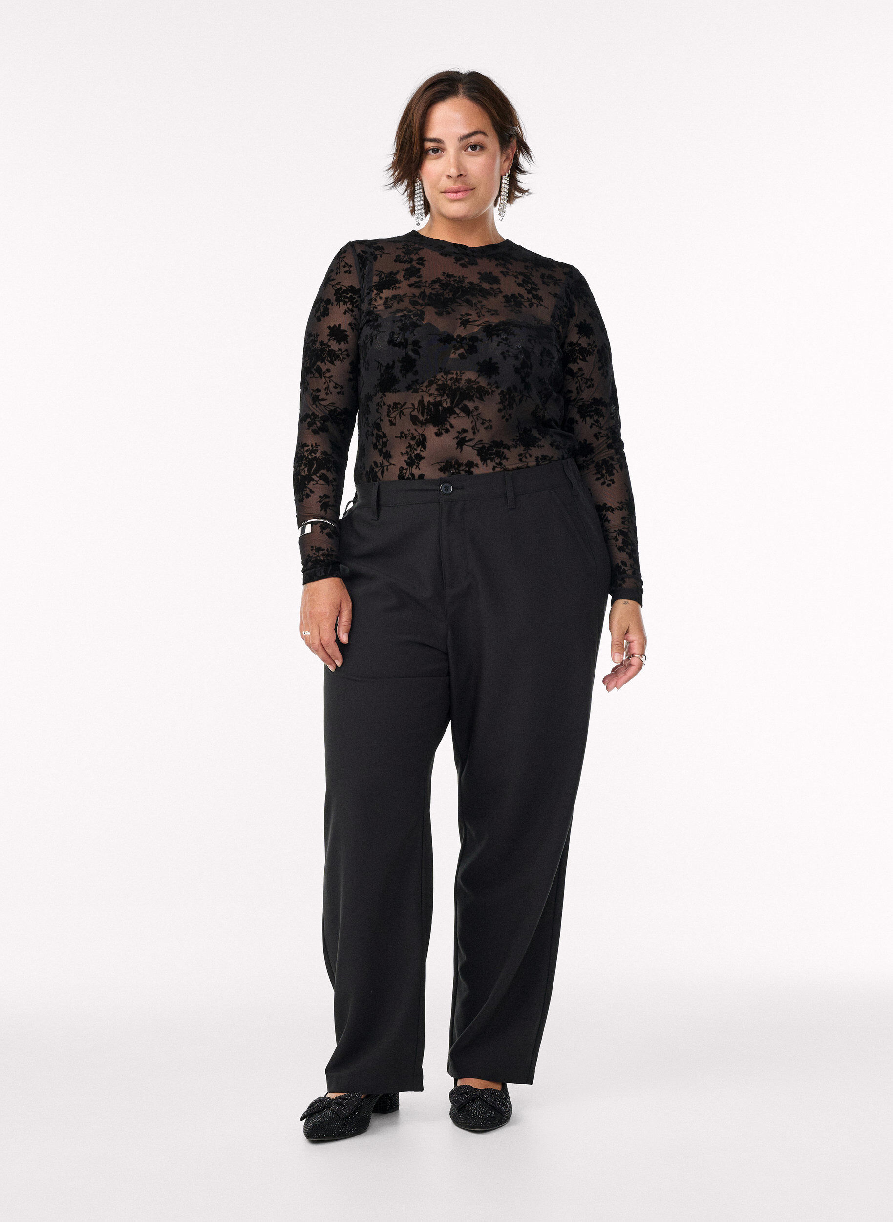 ZizziMesh blouse met bloemenpatroon, Zwart, Model image number 1