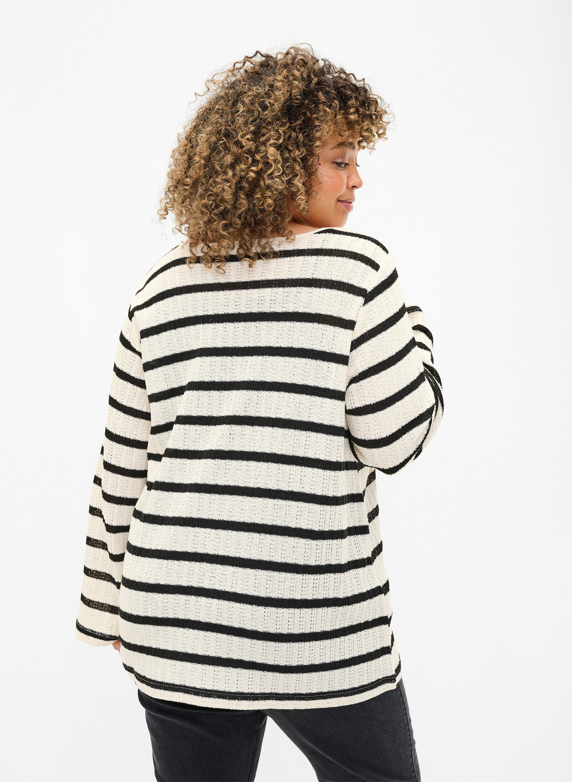 Zizzi Cardigan ray&eacute; avec cordon de serrage, Sand Black Stripe, Model image number 1