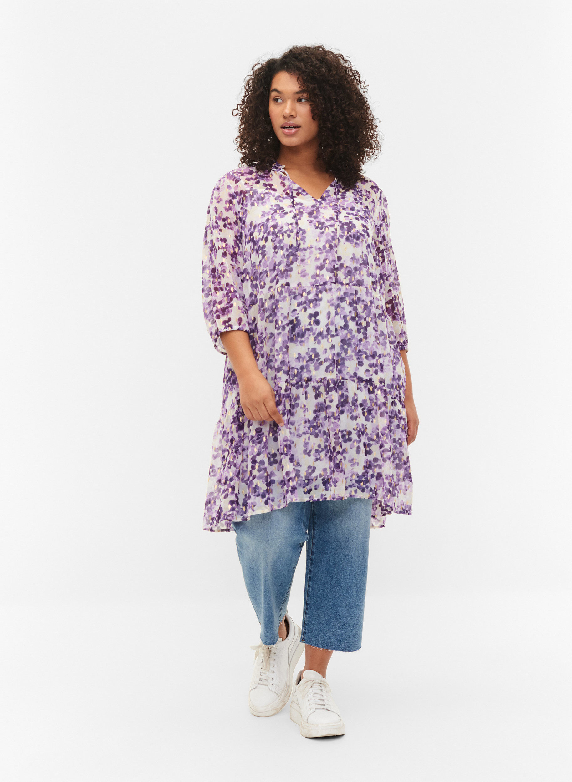 ZizziTuniek met bloemenprint en lurex, Beige/Purple Flower, Model image number 2