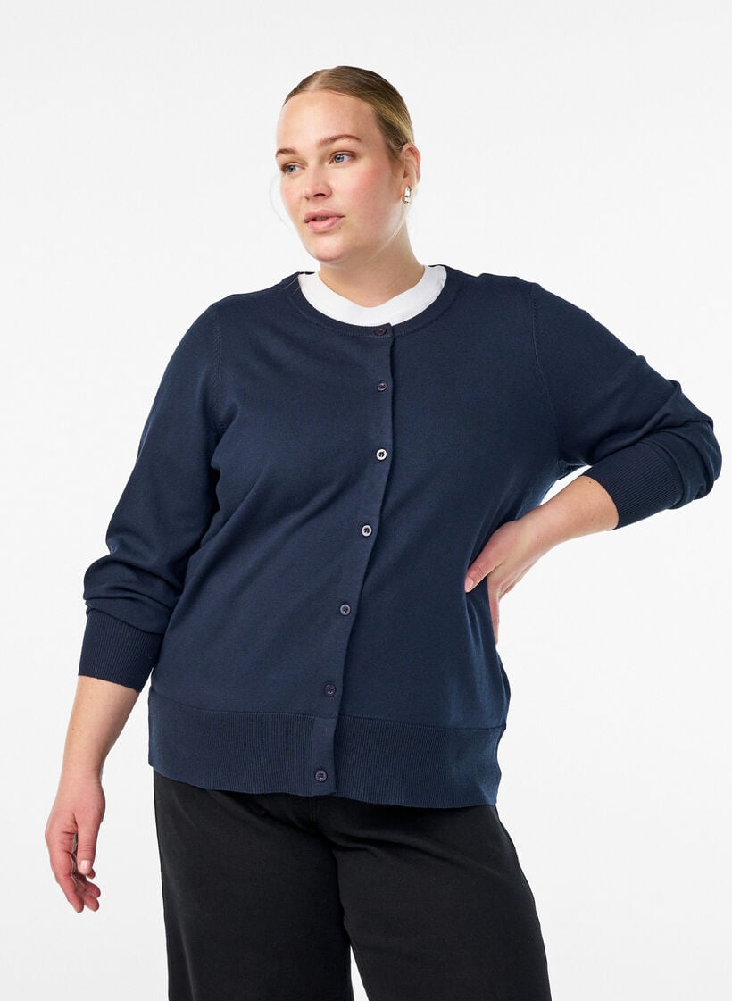 Cardigan en maille fine avec col rond, Bleu, Model image number 0