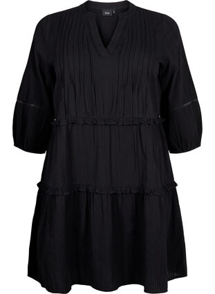 Katoenen jurk met 3/4 mouwen en ruches, Black, Packshot image number 0
