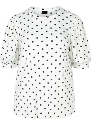 Gestippeld t-shirt met pofmouwen, White w. Black Dots, Packshot image number 0