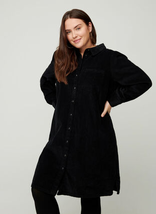 Robe chemise en velours à manches longues, Black, Model image number 0