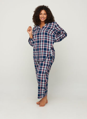 Geruite katoenen pyjama blouse , Navy Comb Check, Model image number 1