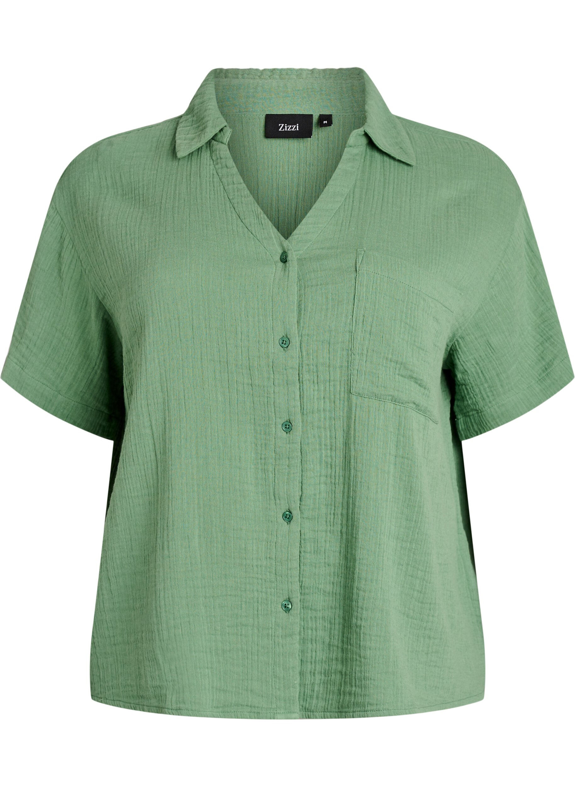 ZizziKatoenen mousseline blouse met korte mouwen, Groen, Packshot image number 0