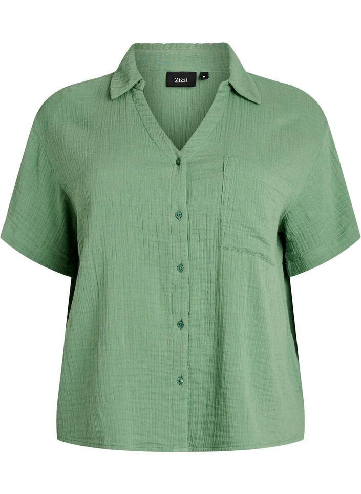 Katoenen mousseline blouse met korte mouwen, Groen, Packshot image number 0