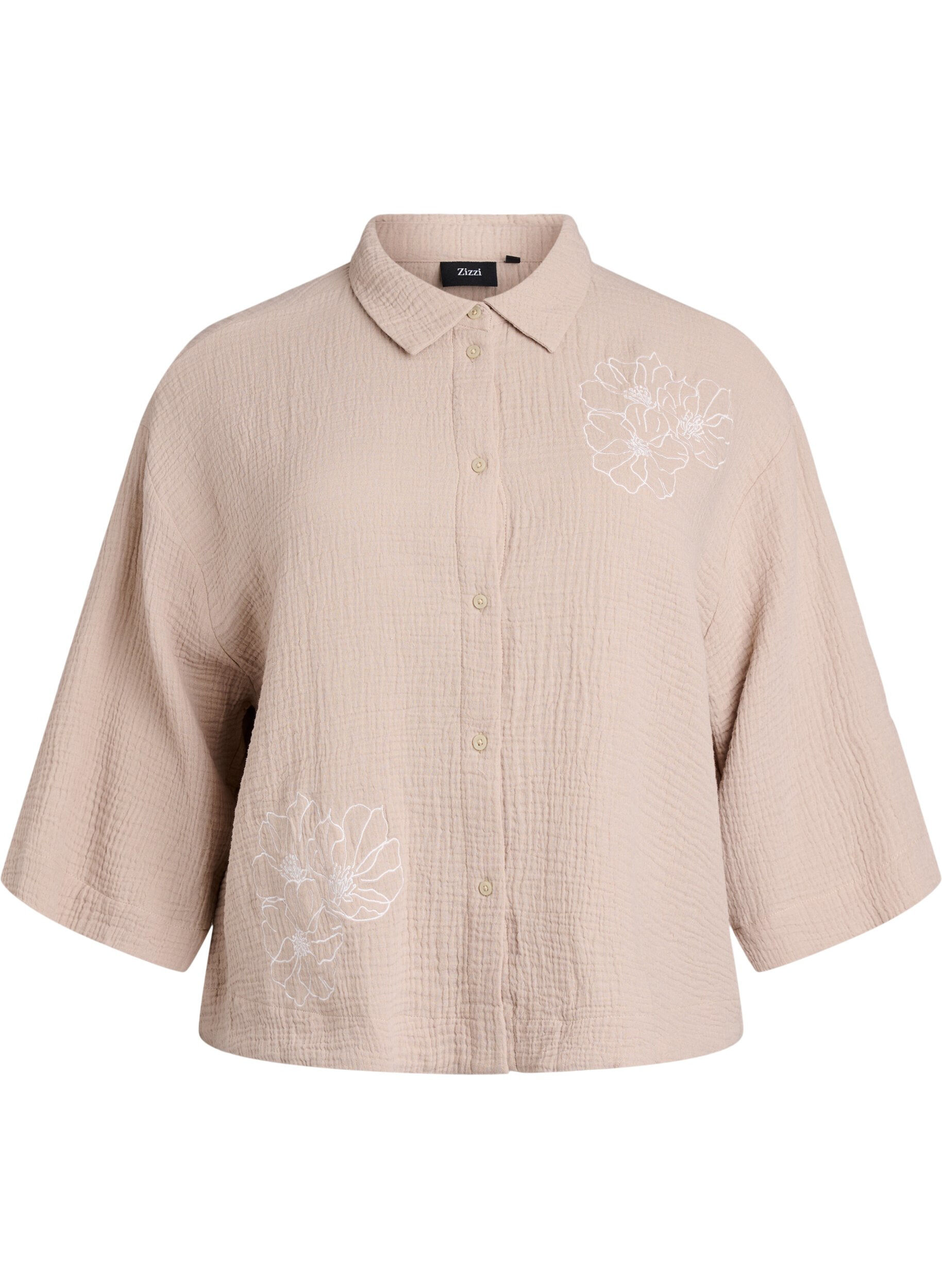 ZizziKatoenen mousseline shirt met geborduurde details, Beige, Packshot image number 0
