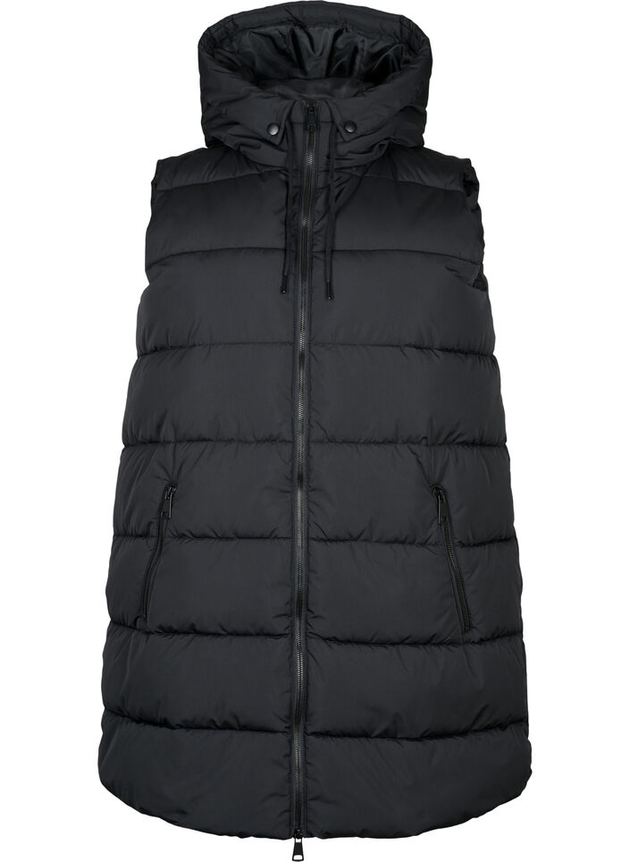 Lange vest met capuchon en zakken, Zwart, Packshot image number 0