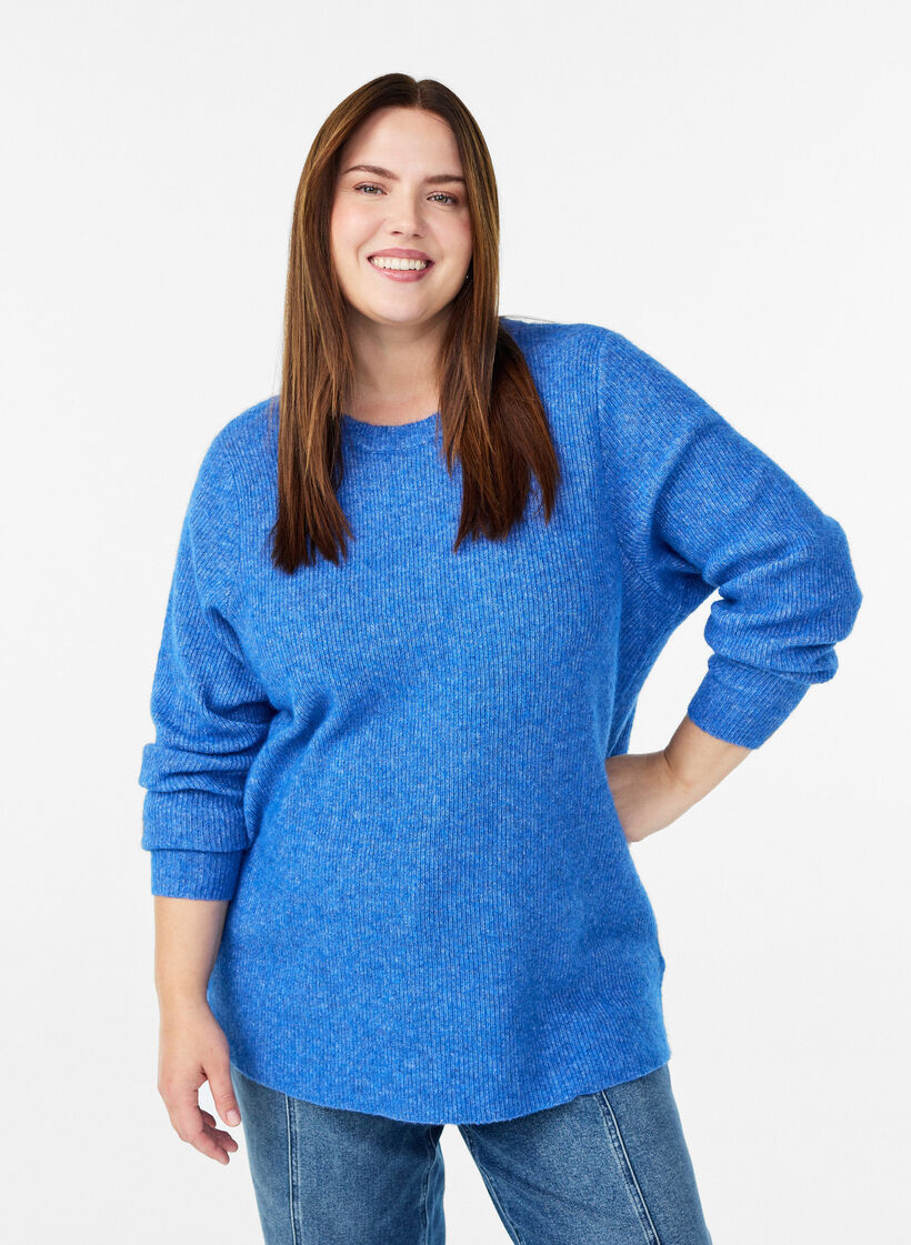 Blouse en maille chin&eacute;e &agrave; col rond, Bleu, Model image number 0