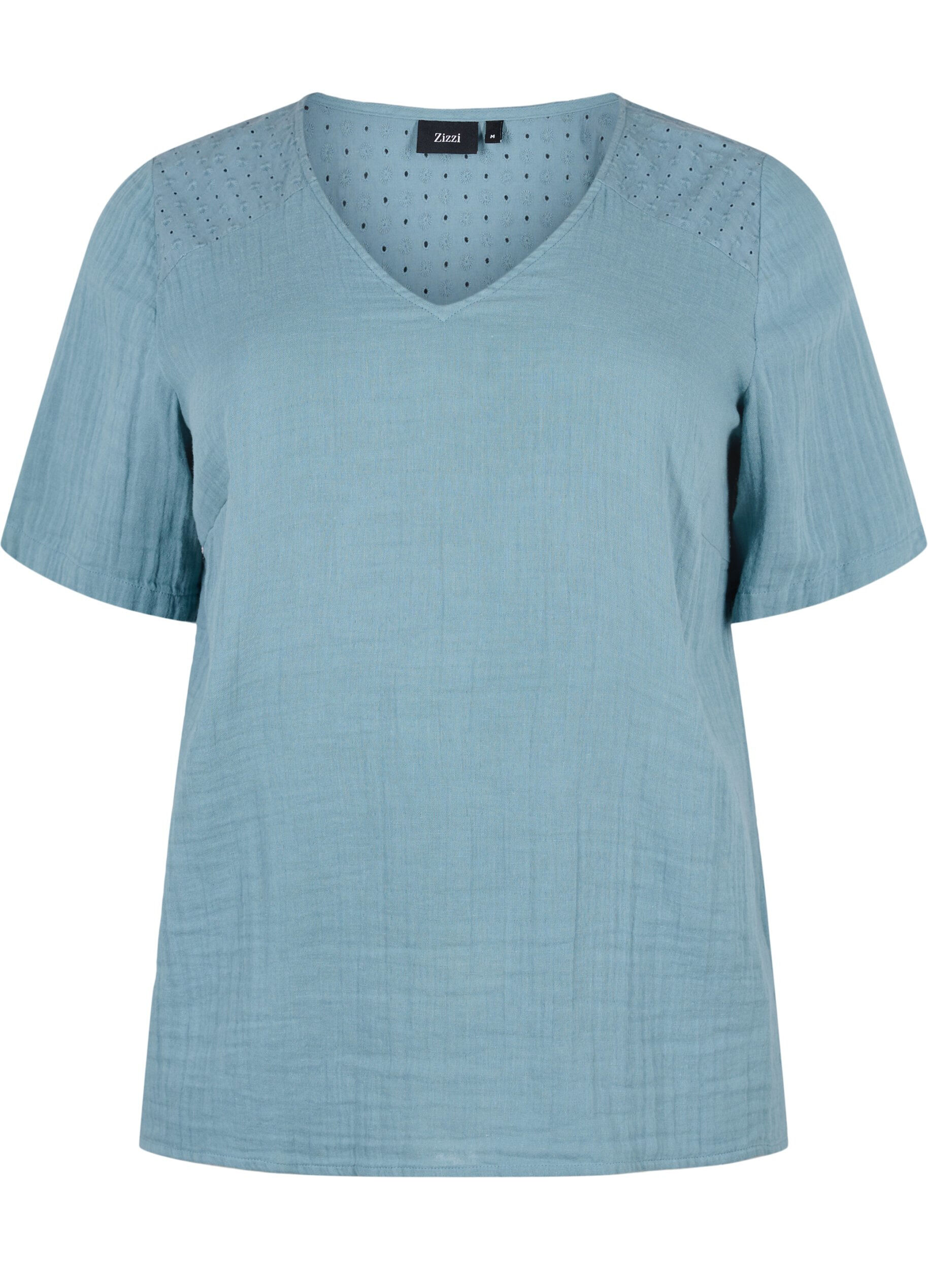 ZizziKatoenen blouse met borduursel en korte mouwen, Smoke Blue, Packshot image number 0