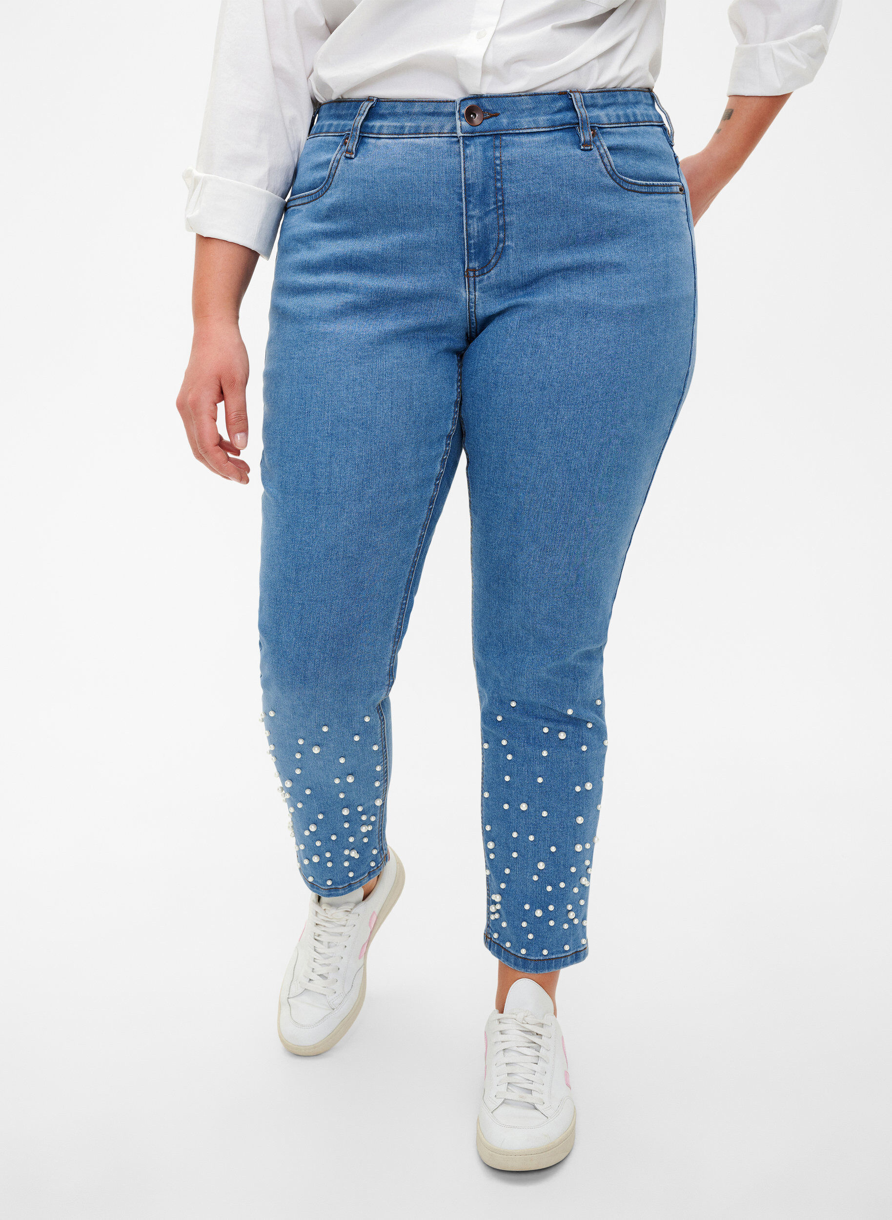ZizziSlim fit Emily jeans met parels, Light Blue, Model image number 2