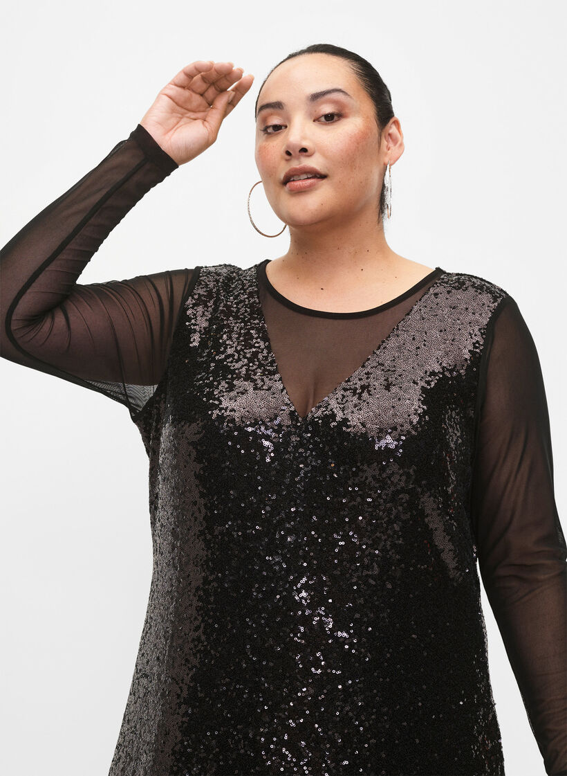 Robe à paillettes à manches longues, Black, Model image number 2