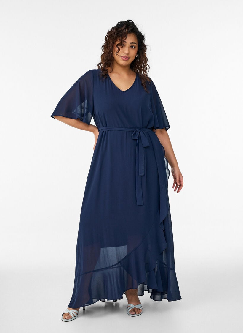 Robe longue en mousseline avec d&eacute;collet&eacute; en V et ourlet &agrave; volants, Bleu, Model image number 0