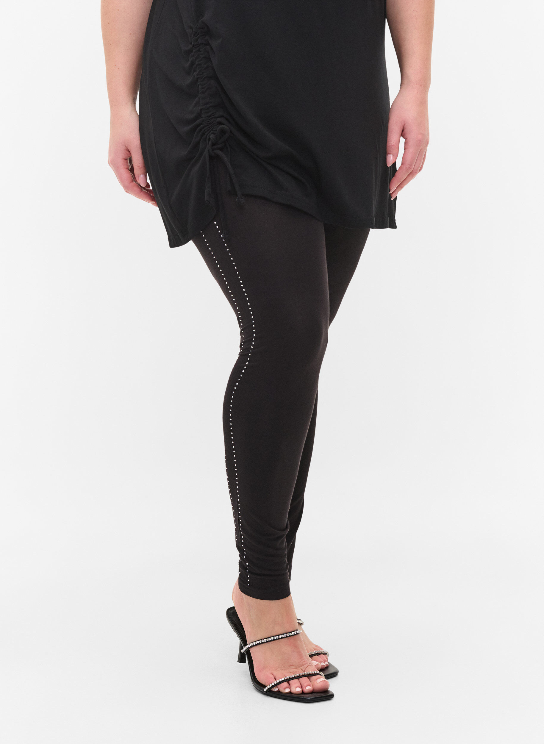 ZizziViscose legging met steentjes in de zijkant, Black, Model image number 2