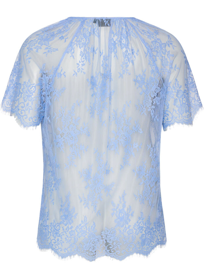 Korte mouwen kanten blouse met striksluiting, Paars, Packshot image number 1
