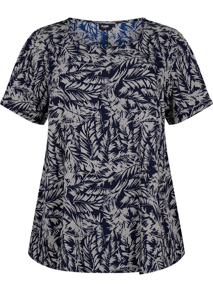 FLASH - Blouse met korte mouwen en print, Off White Blue Leaf, Packshot image number 0